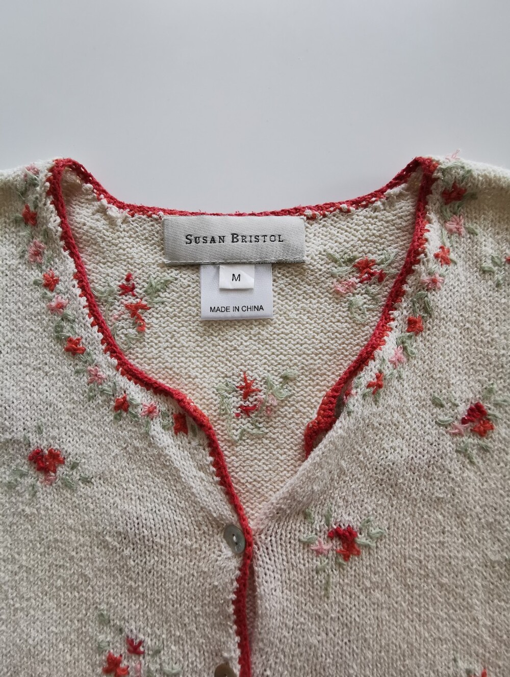 Susan Bristol Cream Knit Short Sleeve Cardigan with Red Pink Floral Embroidery - Picture 4 of 6